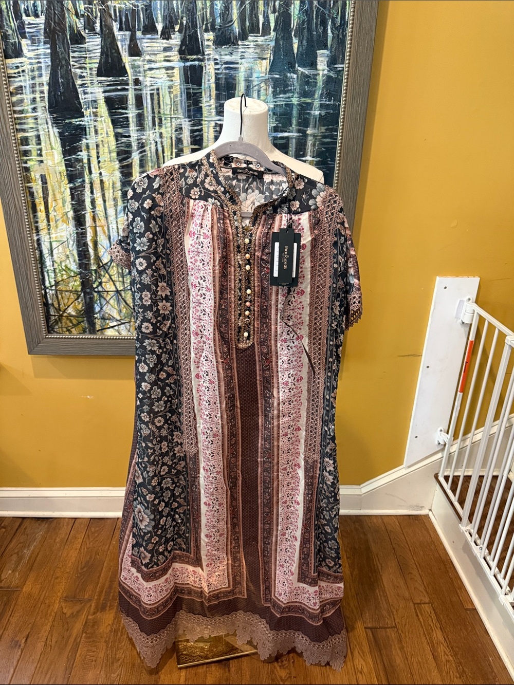 Mixed-Print Midi Dress in Brown and Pink β’ (Brand)